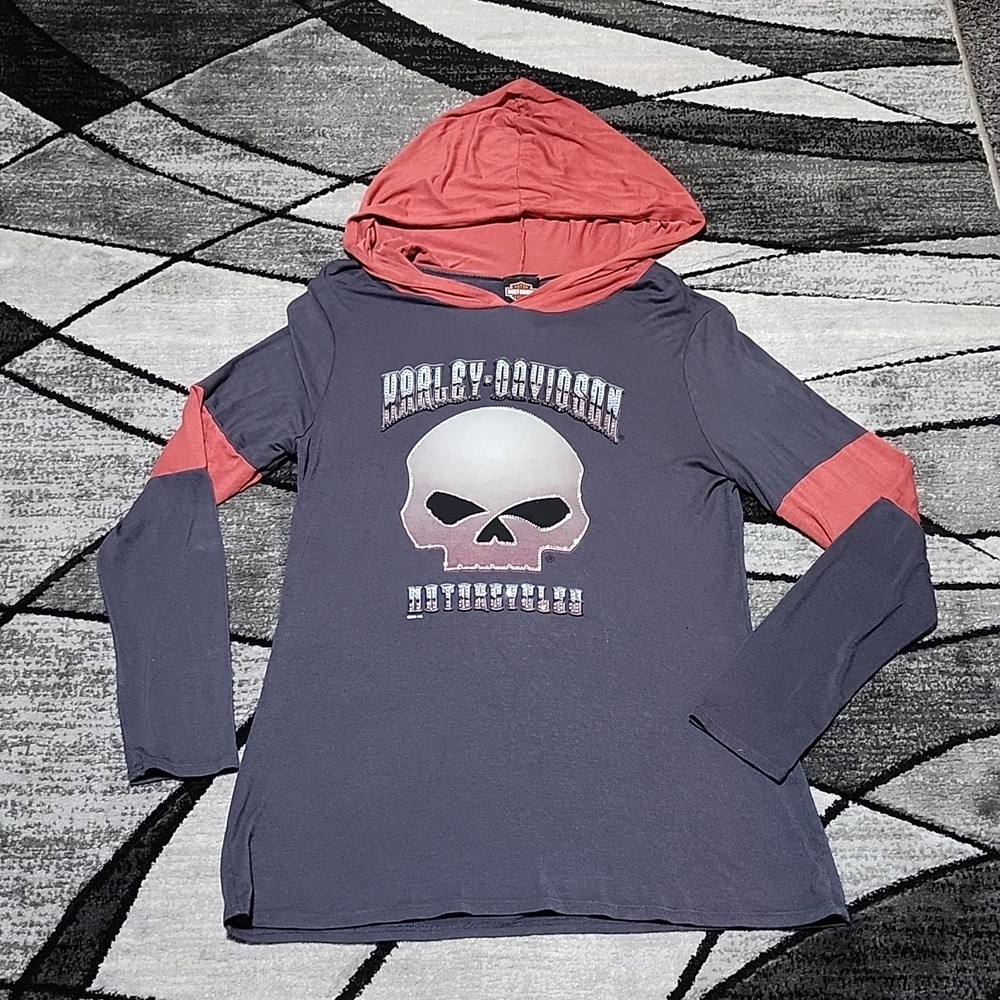 HARLEY DAVIDSON MOTORCYCLE WILLIE SKULL RHINESTONES LONG-SLEEVED HOODIE …